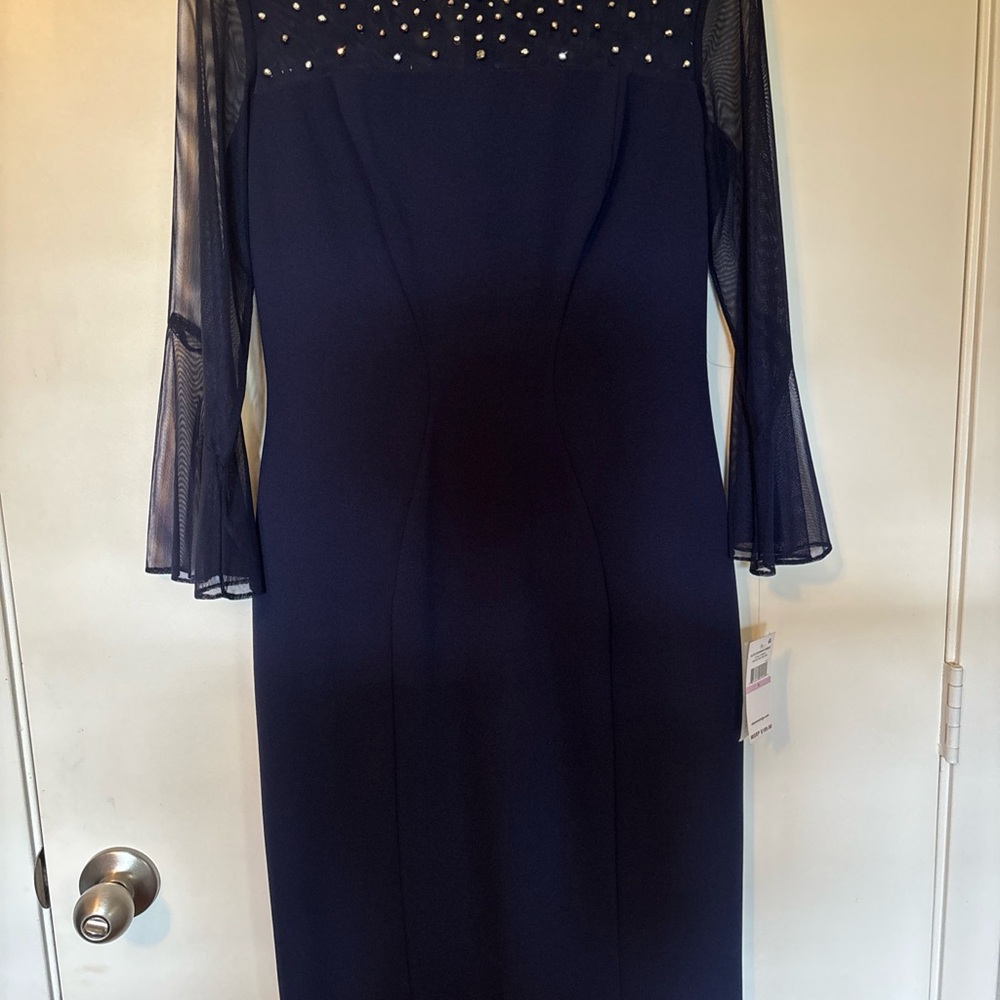 Alex Evenings Women Navy Embellished Bell Sleeve Jewel Neck Knee Length Sheath 6